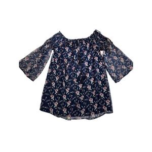 Hommage Los Angeles Navy Blue Floral Off Shoulder Bell Sleeve Boho Dress Small